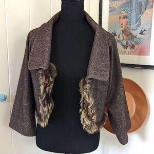 Max Azria Tweed Wool Fur Jacket  S Whimisgoth Mobwife Glam Boho Preppy Mad Men